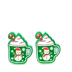 Hot Cocoa Mug Shaped Green Glittery Post Earrings with Snowman & Snowflakes NWT